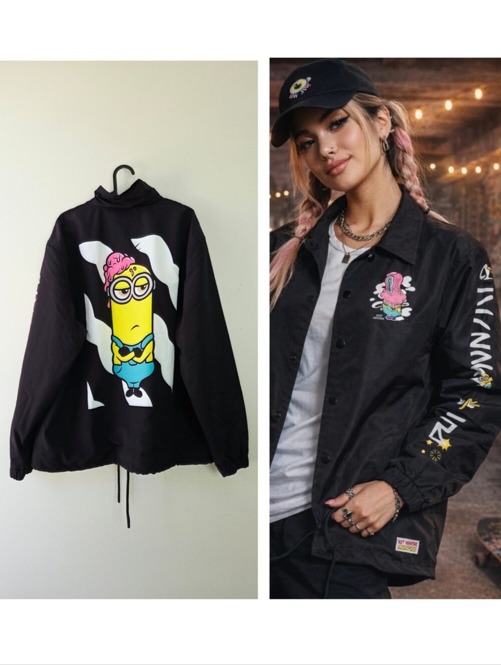 Buff Monster Minions Coaches Jacket Medium Black Graphic Streetwear Snap Unisex